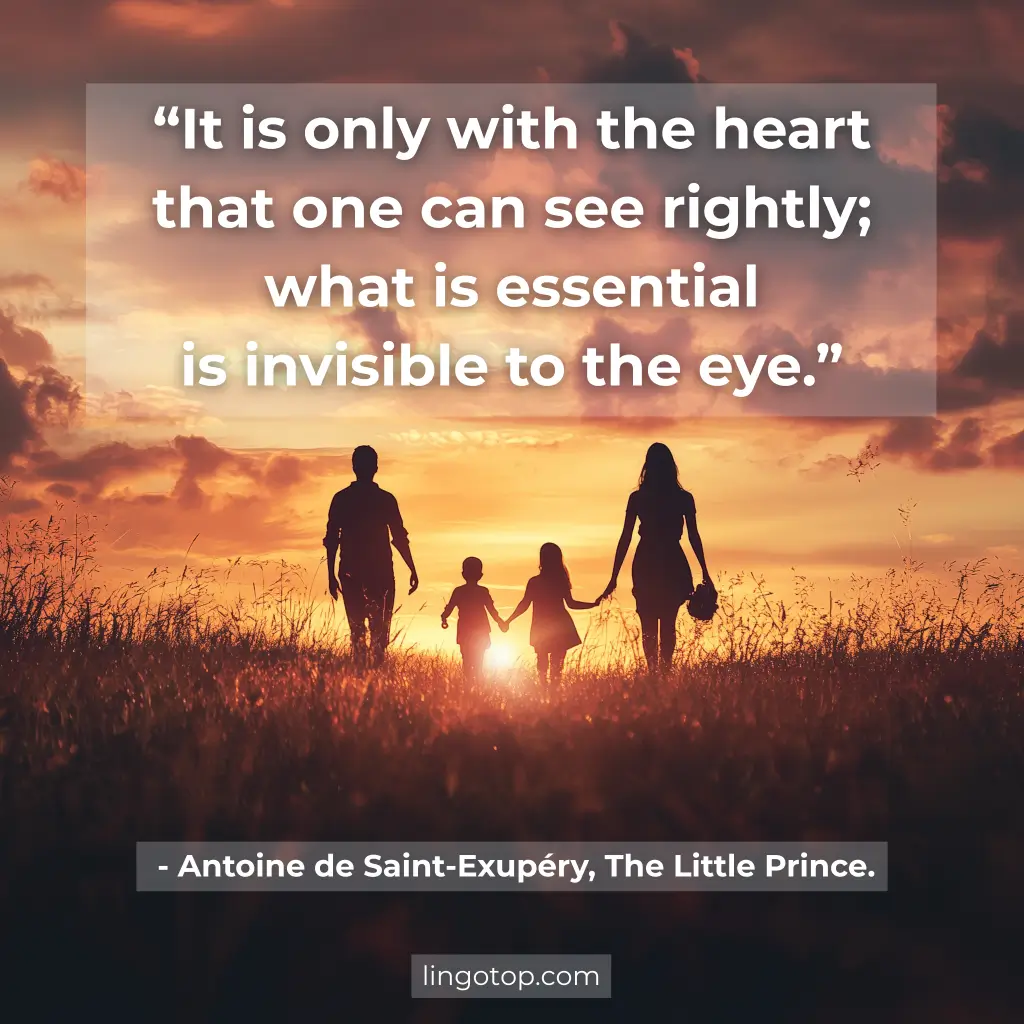 Illustration with the quote: "It is only with the heart that one can see rightly; what is essential is invisible to the eye."