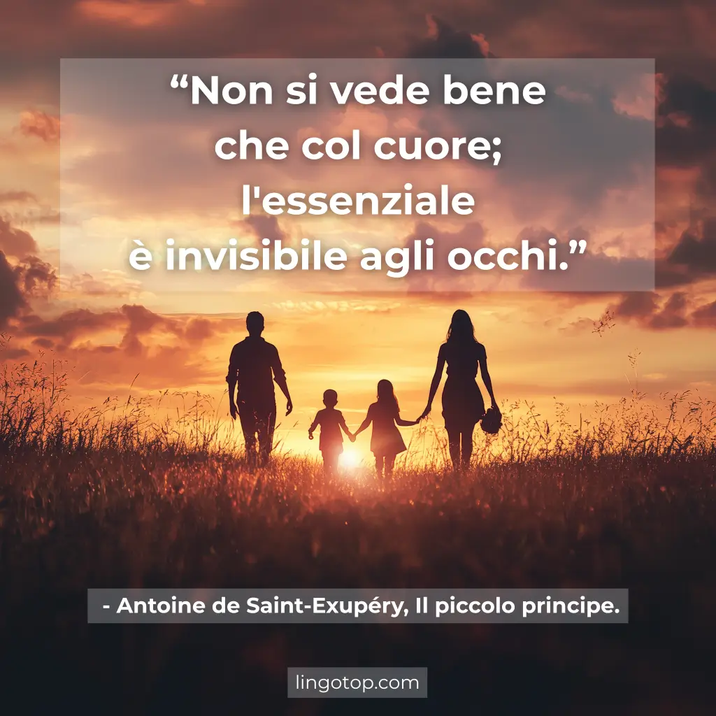 Illustrazione con la citazione: "Non si vede bene che col cuore; l'essenziale è invisibile agli occhi".